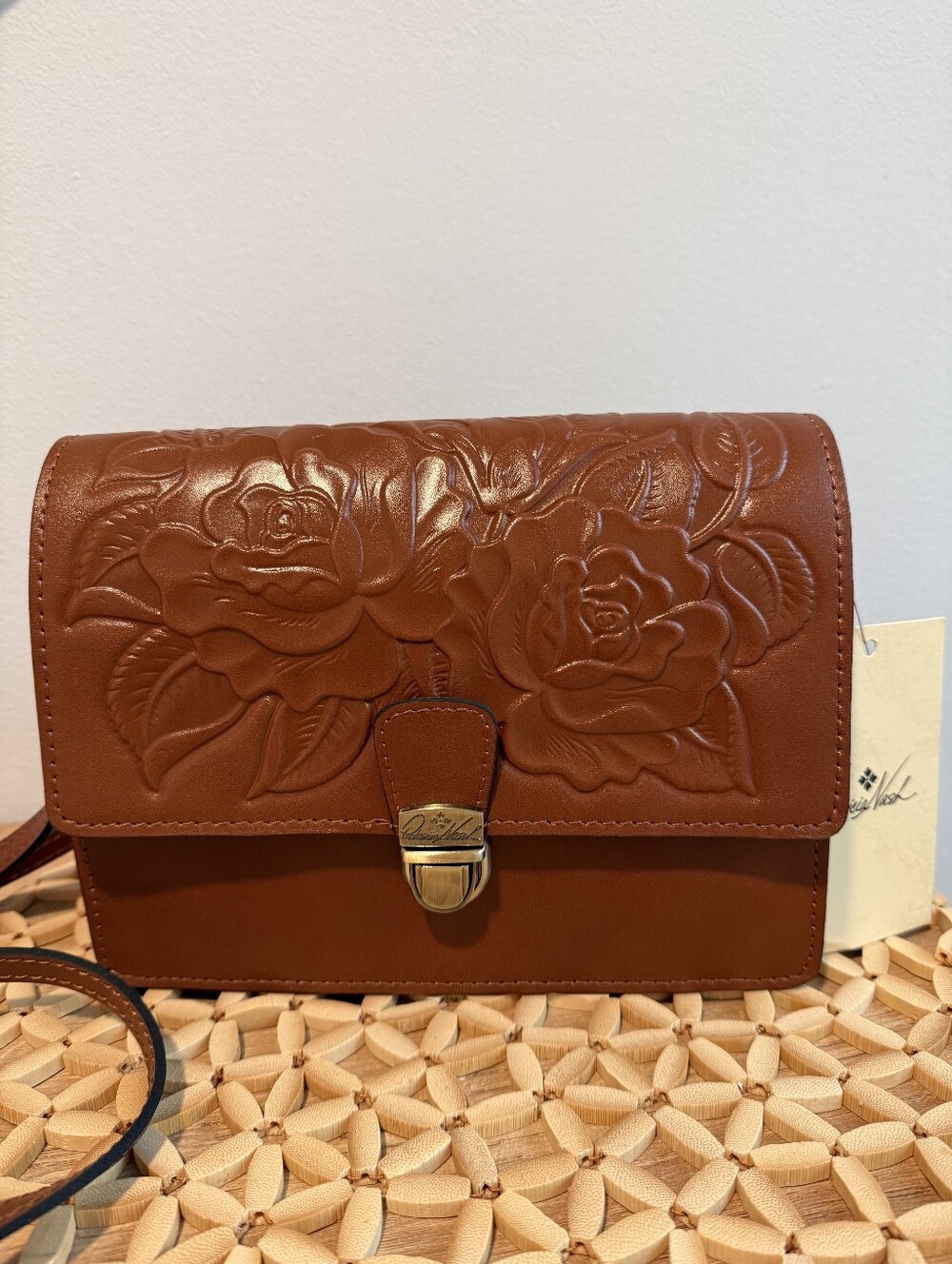 Patricia Nash Tooled Floral Leather Crossbody Bag Cognac NWT Romantic Boho Chic